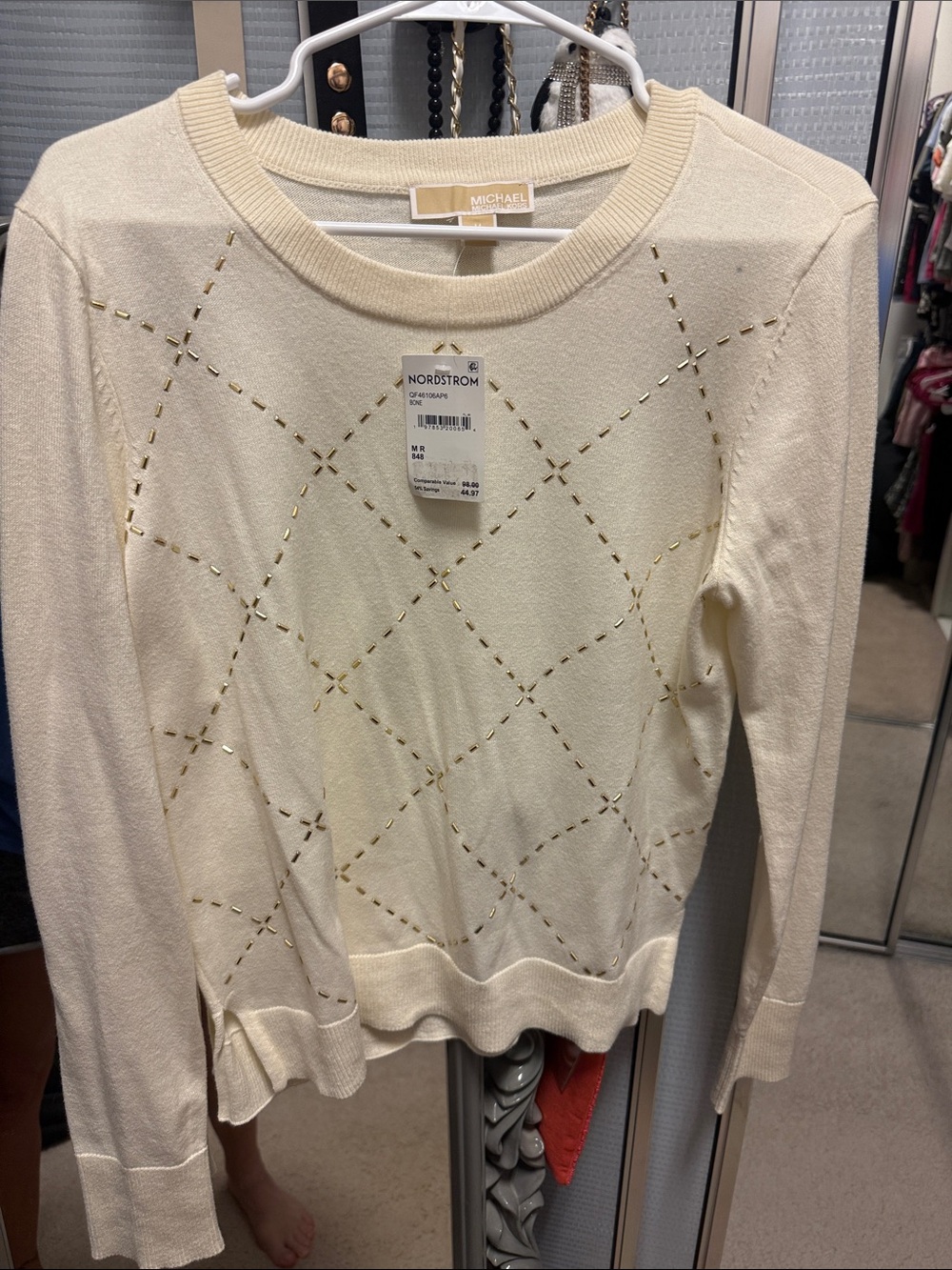 MICHAEL Michael Kors Cream Crewneck Sweater with Gold Accent Stitching
